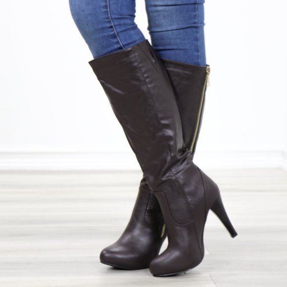 Brown Heeled Knee High Boots Faux Leather - Picture 3 of 14